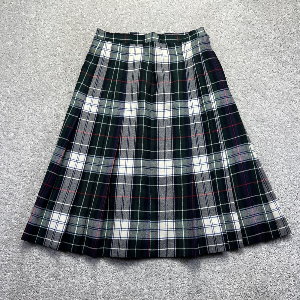 VINTAGE Breeches Midi Skirt Womens Size 14 Green White Tartan Wool Plaid Pleated